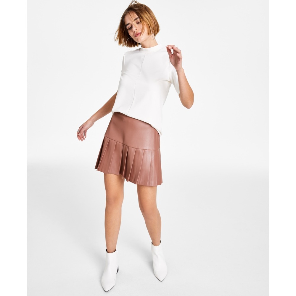 Bar III Womens Size Medium Pull On Faux-Leather Pleated Mini Skort Clover Spice